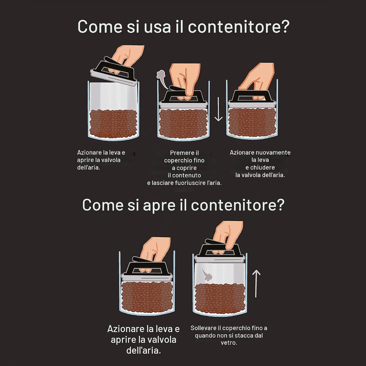 Contenitore per caffe' con coperchio ermetico sottovuoto